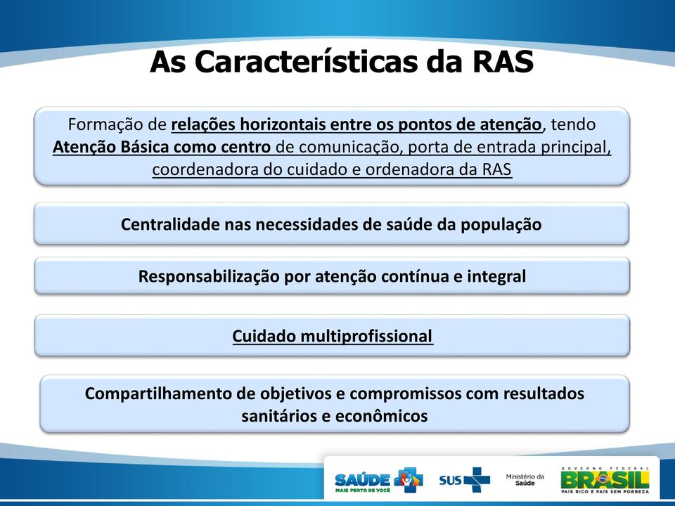 RAS Centralidade nas necessidades de saúde da população Responsabilização por atenção contínua e