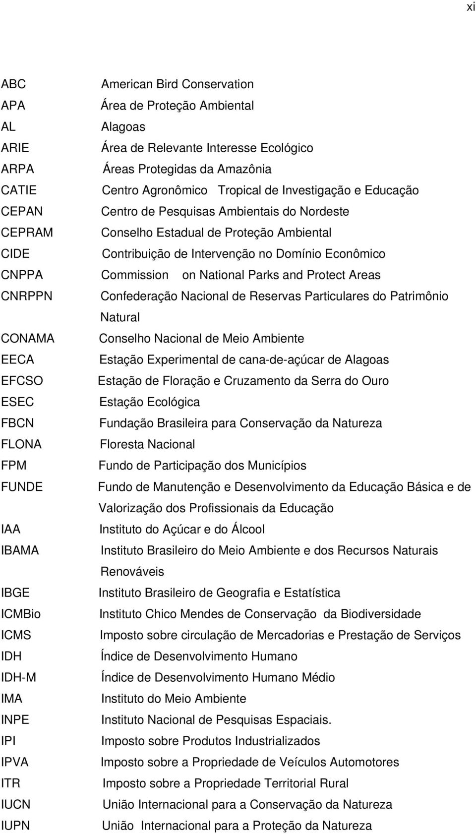 National Parks and Protect Areas CNRPPN Confederação Nacional de Reservas Particulares do Patrimônio Natural CONAMA Conselho Nacional de Meio Ambiente EECA Estação Experimental de cana-de-açúcar de