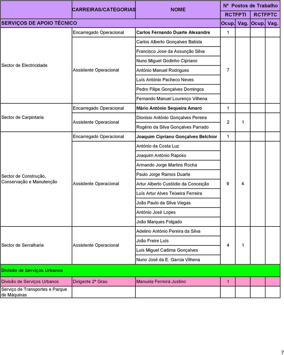 Carlos Alberto Gonçalves Batista Francisco Jose da Assunção Silva Sector de Electricidade Assistente Operacional Nuno Miguel Godinho Cipriano António Manuel Rodrigues 7 Luís António Pacheco Neves