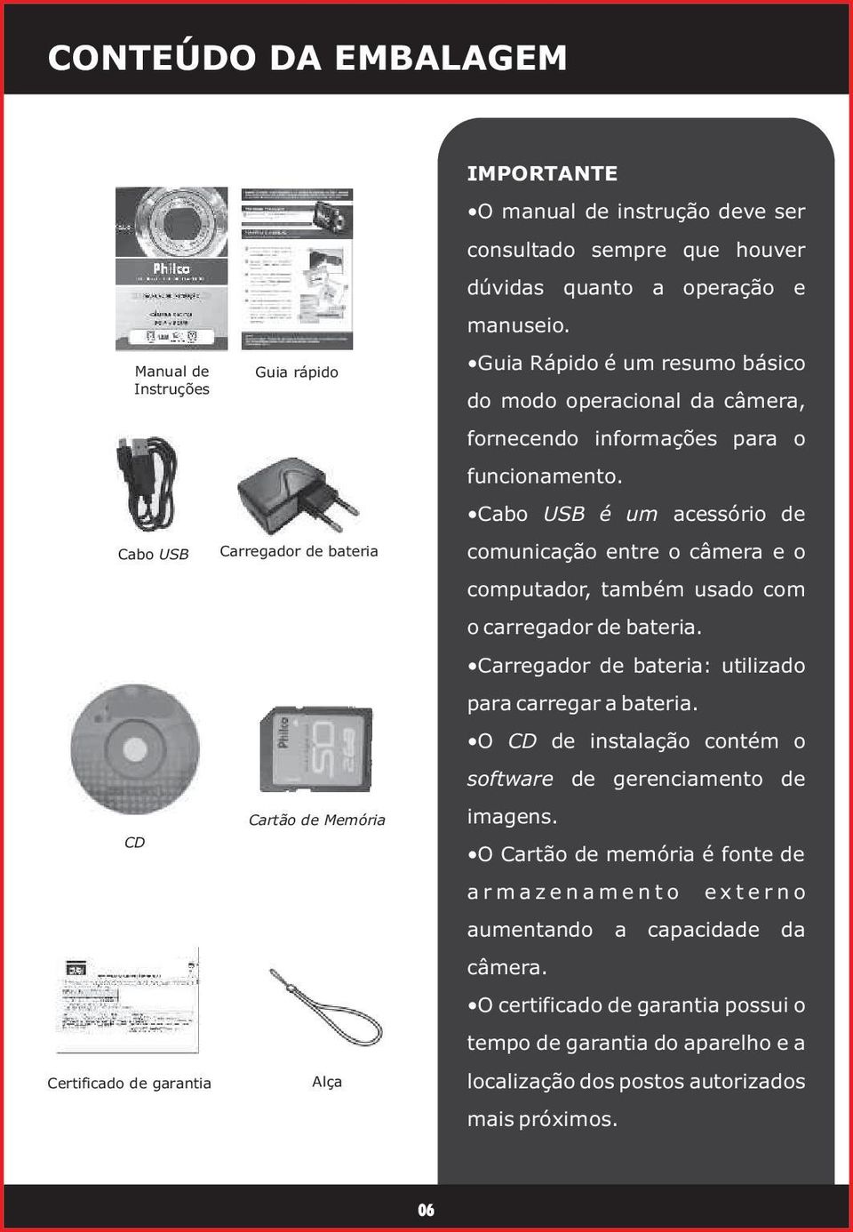 Cabo USB é um acessório de comunicação entre o câmera e o computador, também usado com o carregador de bateria. Carregador de bateria: utilizado para carregar a bateria.