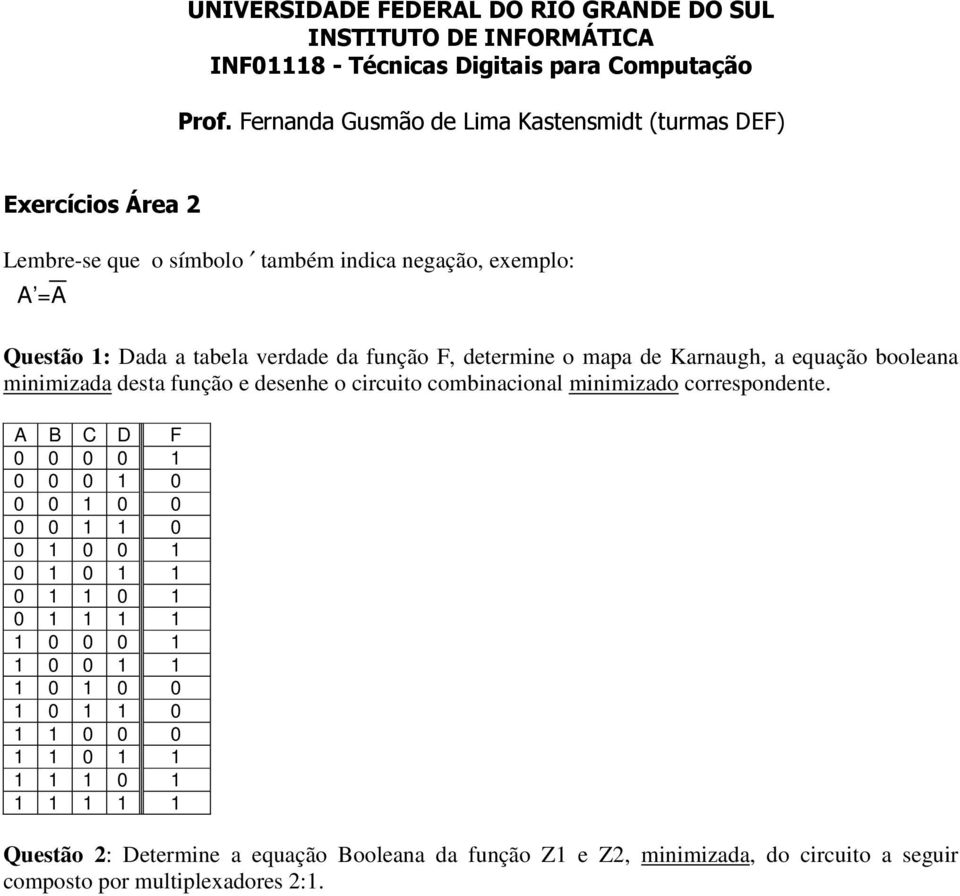 determine o mapa de Karnaugh, a equação booleana minimizada desta função e desenhe o circuito combinacional minimizado correspondente.