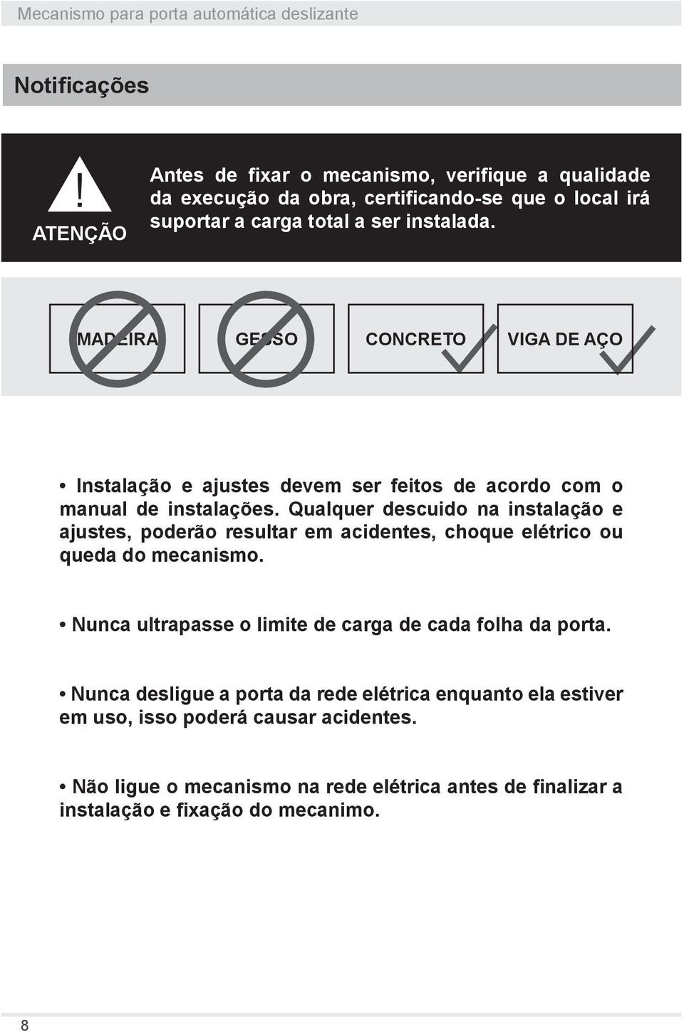 MADEIRA GESSO CONCRETO VIGA DE AÇO Instalação e ajustes devem ser feitos de acordo com o manual de instalações.