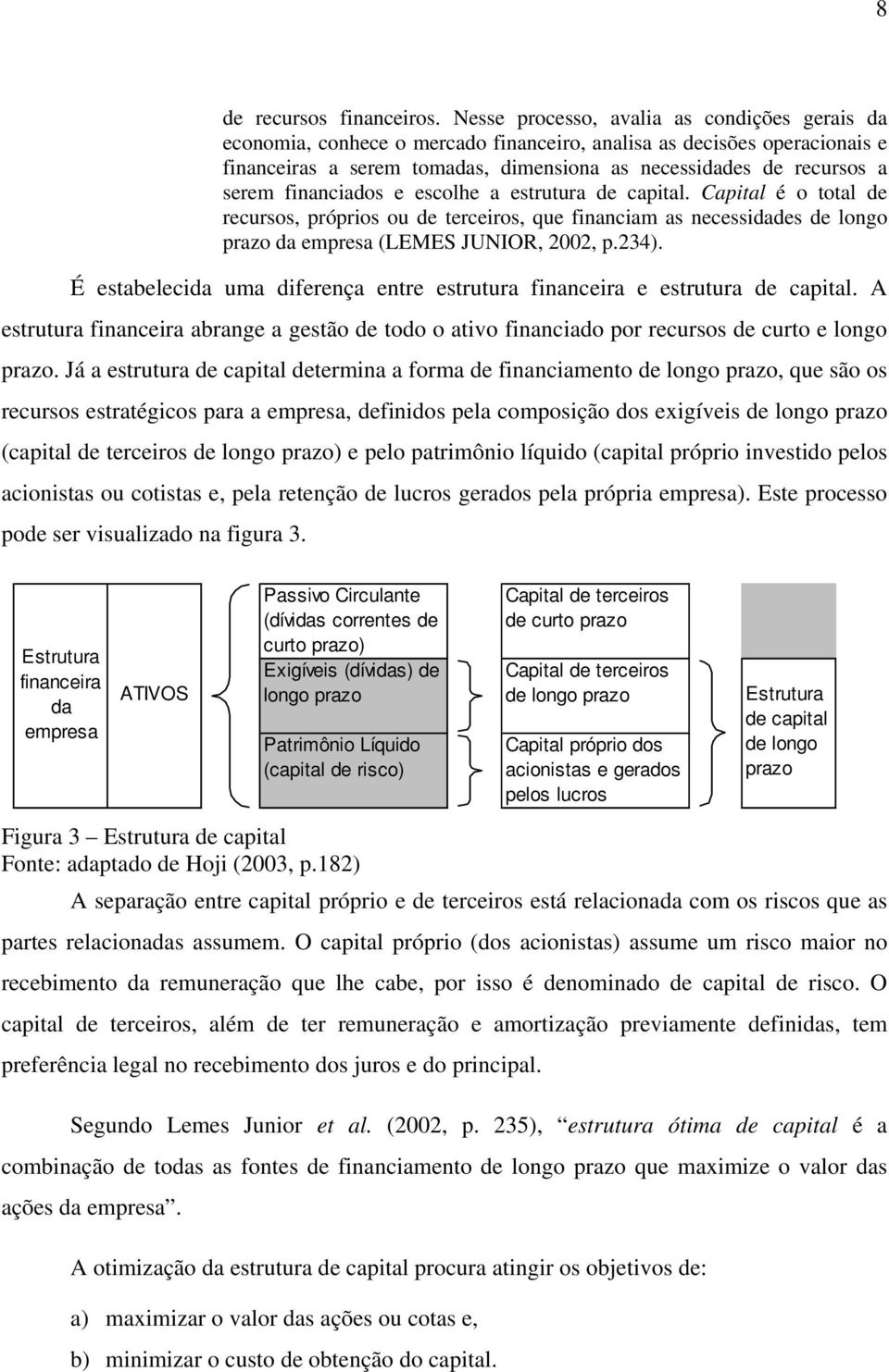 financiados e escolhe a estrutura de capital. Capital é o total de recursos, próprios ou de terceiros, que financiam as necessidades de longo prazo da empresa (LEMES JUNIOR, 2002, p.234).