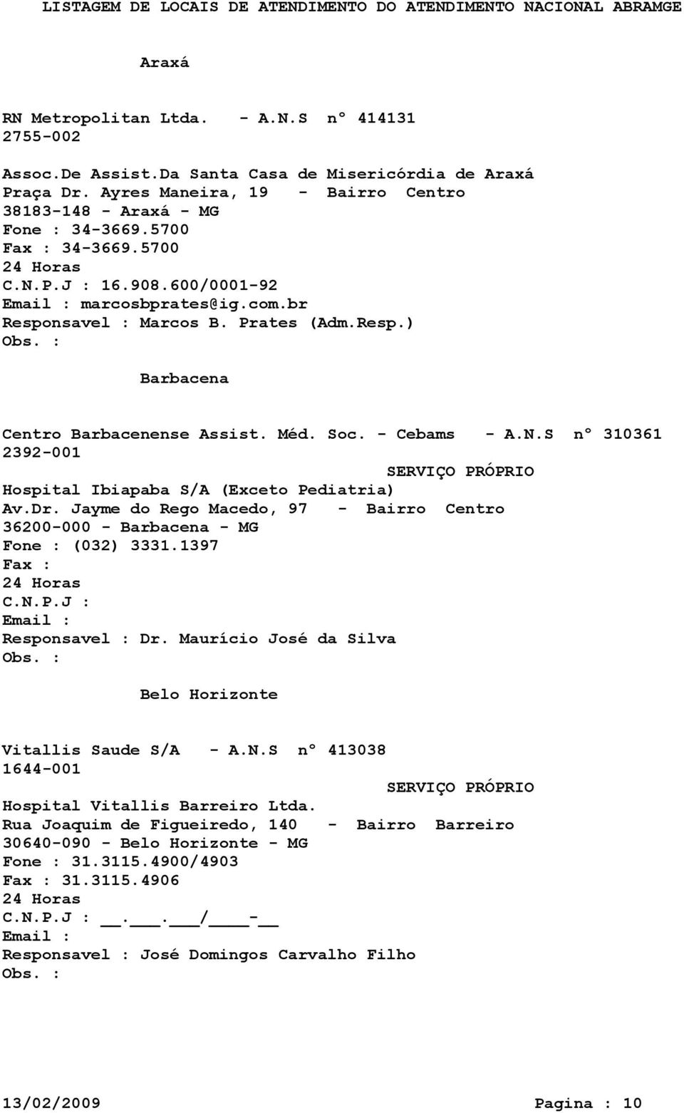 S nº 310361 2392-001 Hospital Ibiapaba S/A (Exceto Pediatria) Av.Dr. Jayme do Rego Macedo, 97 - Bairro Centro 36200-000 - Barbacena - MG Fone : (032) 3331.1397 Dr.