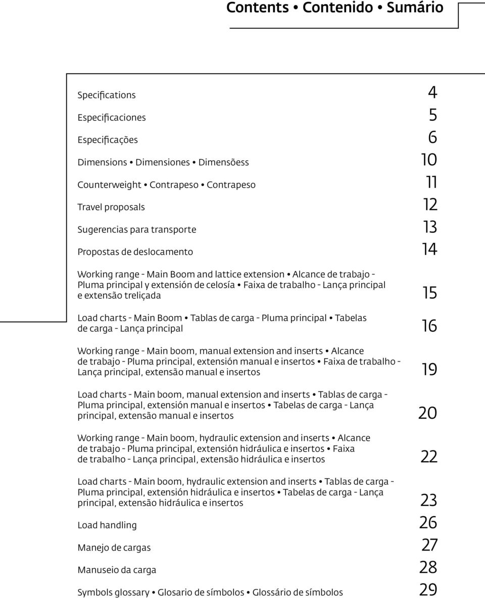 Load charts - Main Boom Tablas de carga - Pluma principal Tabelas de carga - Lança principal 16 Working range - Main boom, manual extension and inserts Alcance de trabajo - Pluma principal, extensión