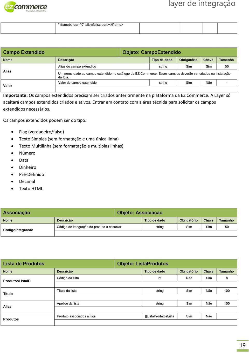 Valor do campo extendido string Sim Não - Importante: Os campos extendidos precisam ser criados anteriormente na plataforma da EZ Commerce. A Layer só aceitará campos extendidos criados e ativos.