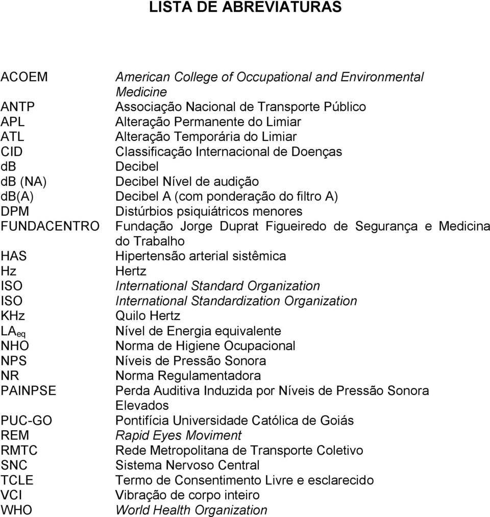 Jorge Duprat Figueiredo de Segurança e Medicina do Trabalho HAS Hipertensão arterial sistêmica Hz Hertz ISO International Standard Organization ISO International Standardization Organization KHz