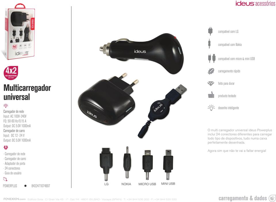 0V 1000mA Carregador de rede Carregador de carro Adaptador de porta 24 conectores Guia do usuário compativel com micro & mini USB carregamento rápido feito para durar