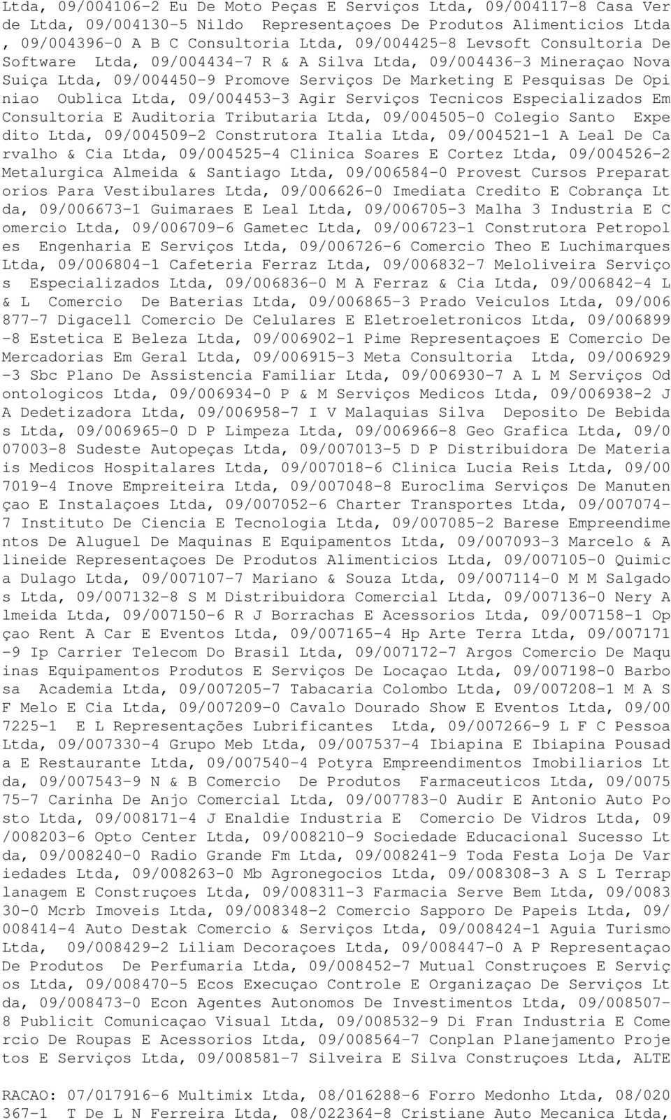 Agir Serviços Tecnicos Especializados Em Consultoria E Auditoria Tributaria Ltda, 09/004505-0 Colegio Santo Expe dito Ltda, 09/004509-2 Construtora Italia Ltda, 09/004521-1 A Leal De Ca rvalho & Cia