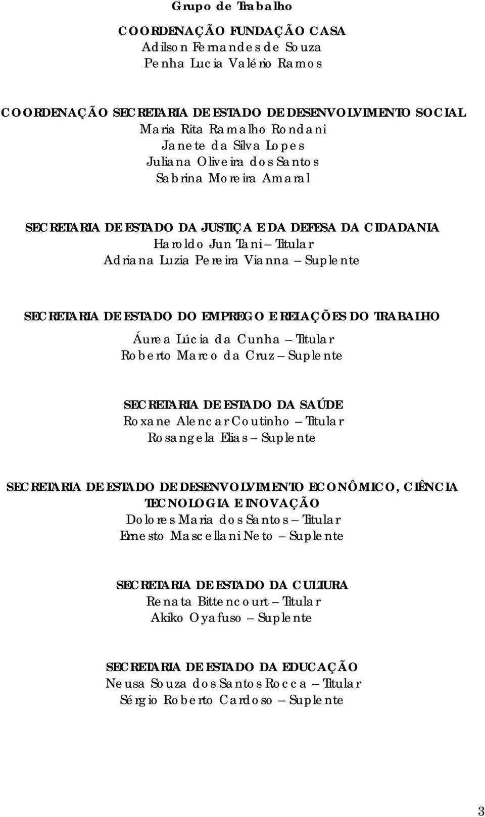 DO EMPREGO E RELAÇÕES DO TRABALHO Áurea Lúcia da Cunha Titular Roberto Marco da Cruz Suplente SECRETARIA DE ESTADO DA SAÚDE Roxane Alencar Coutinho Titular Rosangela Elias Suplente SECRETARIA DE