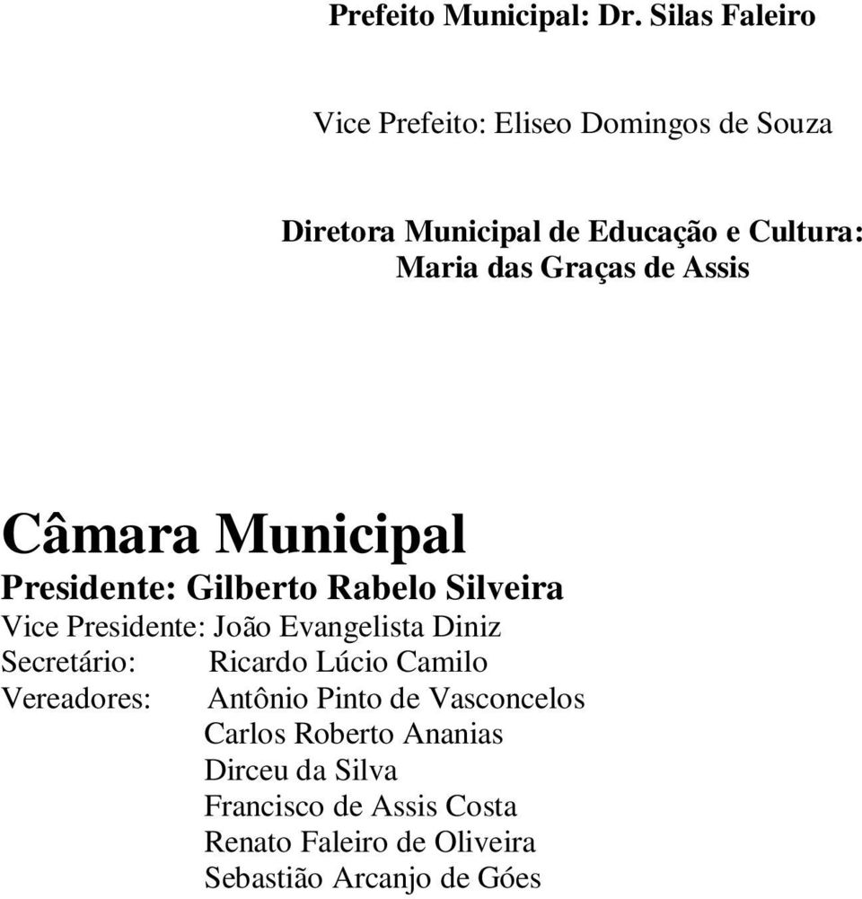 Graças de Assis Câmara Municipal Presidente: Gilberto Rabelo Silveira Vice Presidente: João Evangelista