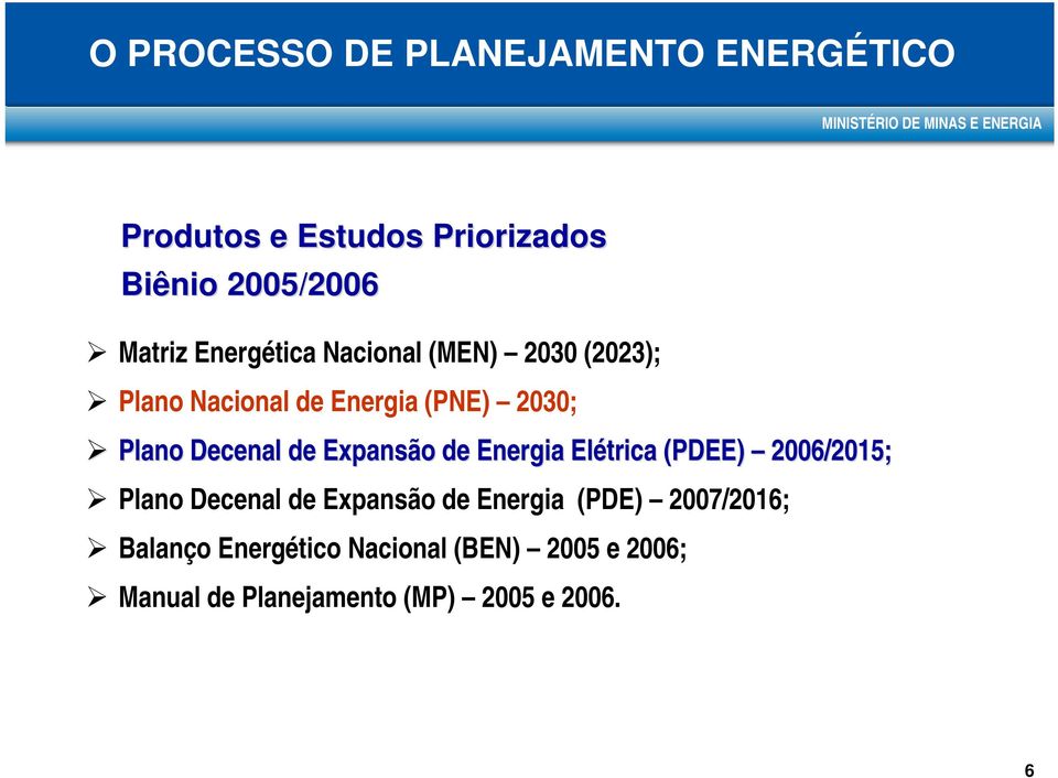 Expansão de Energia Elétrica (PDEE) 2006/2015; Plano Decenal de Expansão de Energia (PDE)