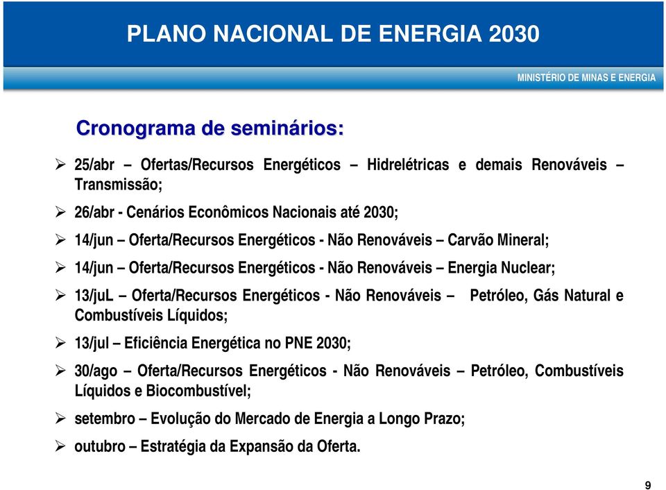 Nuclear; 13/juL Oferta/Recursos Energéticos - Não Renováveis Combustíveis Líquidos; 13/jul Eficiência Energética no PNE 2030; Petróleo, Gás Natural e 30/ago