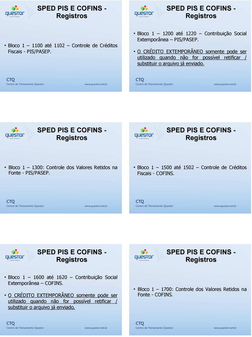 Bloco 1 1300: Controle dos Valores Retidos na Fonte - PIS/PASEP. Bloco 1 1500 até 1502 Controle de Créditos Fiscais - COFINS.