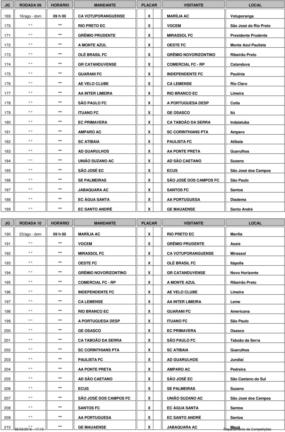 175 " " "" GUARANI FC X INDEPENDENTE FC Paulínia 176 " " "" AE VELO CLUBE X CA LEMENSE Rio Claro 177 " " "" AA INTER LIMEIRA X RIO BRANCO EC Limeira 178 " " "" FC X A PORTUGUESA DESP Cotia 179 " " ""