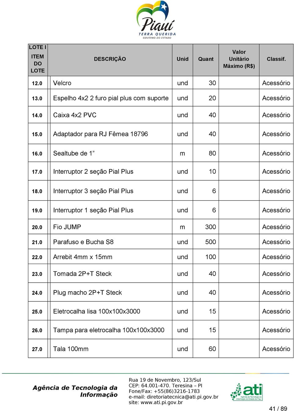 0 Interruptor 3 seção Pial Plus und 6 Acessório 19.0 Interruptor 1 seção Pial Plus und 6 Acessório 20.0 Fio JUMP m 300 Acessório 21.0 Parafuso e Bucha S8 und 500 Acessório 22.