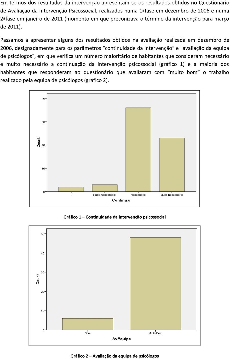 Passamos a apresentar alguns dos resultados obtidos na avaliação realizada em dezembro de 2006, designadamente para os parâmetros continuidade da intervenção e avaliação da equipa de psicólogos, em