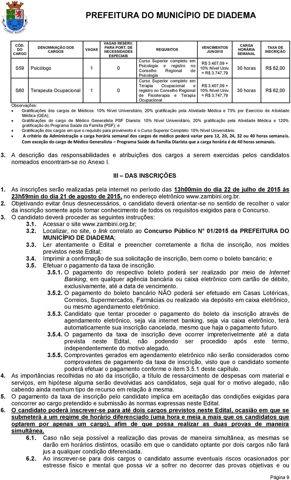 Terapia Ocupacional e registro no Conselho Regional de Fisioterapia e Terapia Ocupacional VENCIMENTOS JUN/2015 R$ 3.407,09 + 10% Nível Univ. = R$ 3.