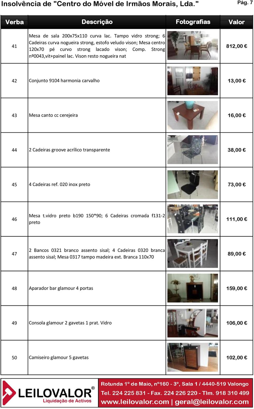 Vison resto nogueira nat 42 Conjunto 9104 harmonia carvalho 13,00 43 Mesa canto cc cerejeira 16,00 44 2 Cadeiras groove acrílico transparente 38,00 45 4 Cadeiras ref. 020 inox preto 73,00 Mesa t.