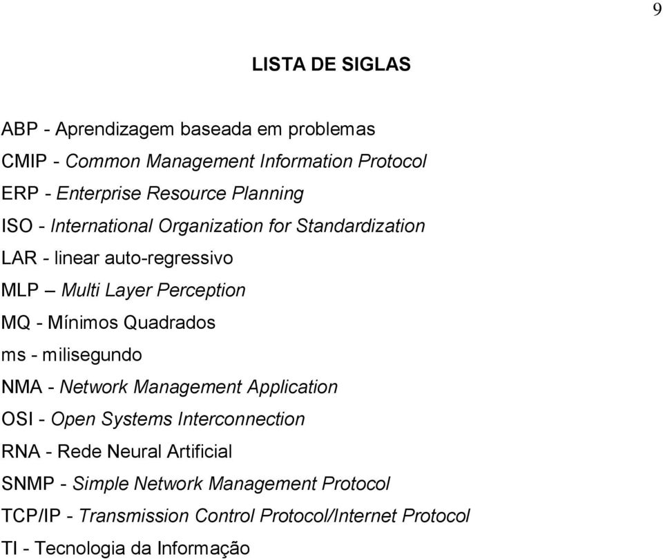 Mínimos Quadrados ms - milisegundo NMA - Network Management Application OSI - Open Systems Interconnection RNA - Rede Neural