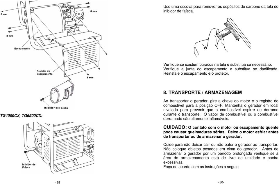 TRANSPORTE / ARMAZENAGEM TG4000CX, TG6500CX: Ao transportar o gerador, gire a chave do motor e o registro do combustível para a posição OFF.