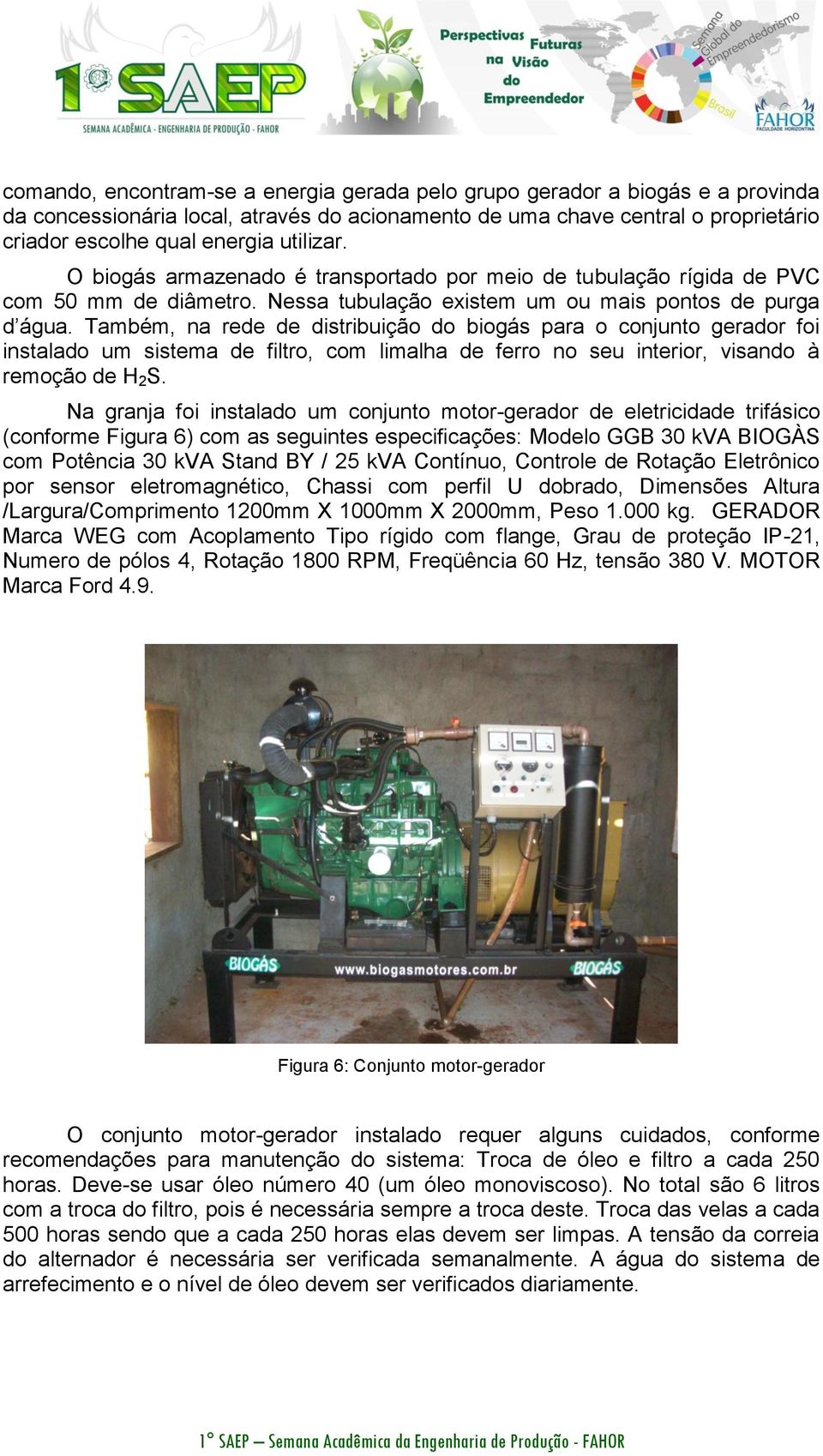 Também, na rede de distribuição do biogás para o conjunto gerador foi instalado um sistema de filtro, com limalha de ferro no seu interior, visando à remoção de H 2 S.