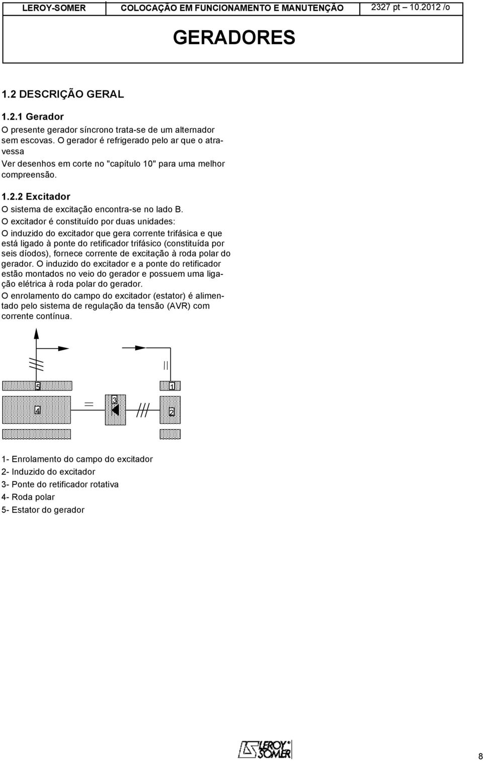 O excitador é constituído por duas unidades: O induzido do excitador que gera corrente trifásica e que está ligado à ponte do retificador trifásico (constituída por seis díodos), fornece corrente de