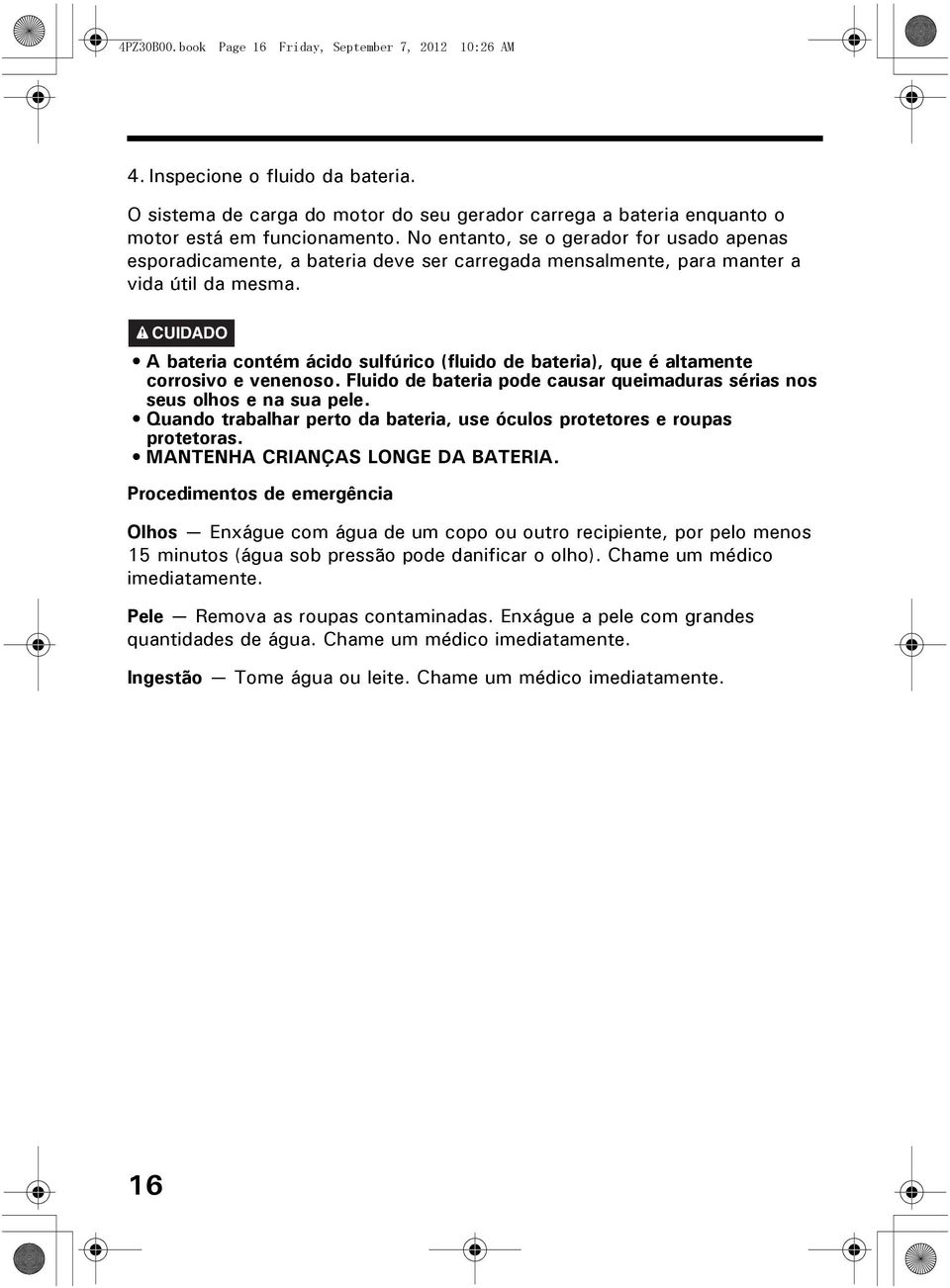 CUIDADO A bateria contém ácido sulfúrico (fluido de bateria), que é altamente corrosivo e venenoso. Fluido de bateria pode causar queimaduras sérias nos seus olhos e na sua pele.