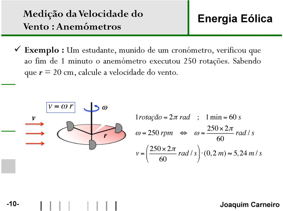 anemómetro executou 250 rotações. Sabendo que r = 20 cm, calcule a velocidade do vento.