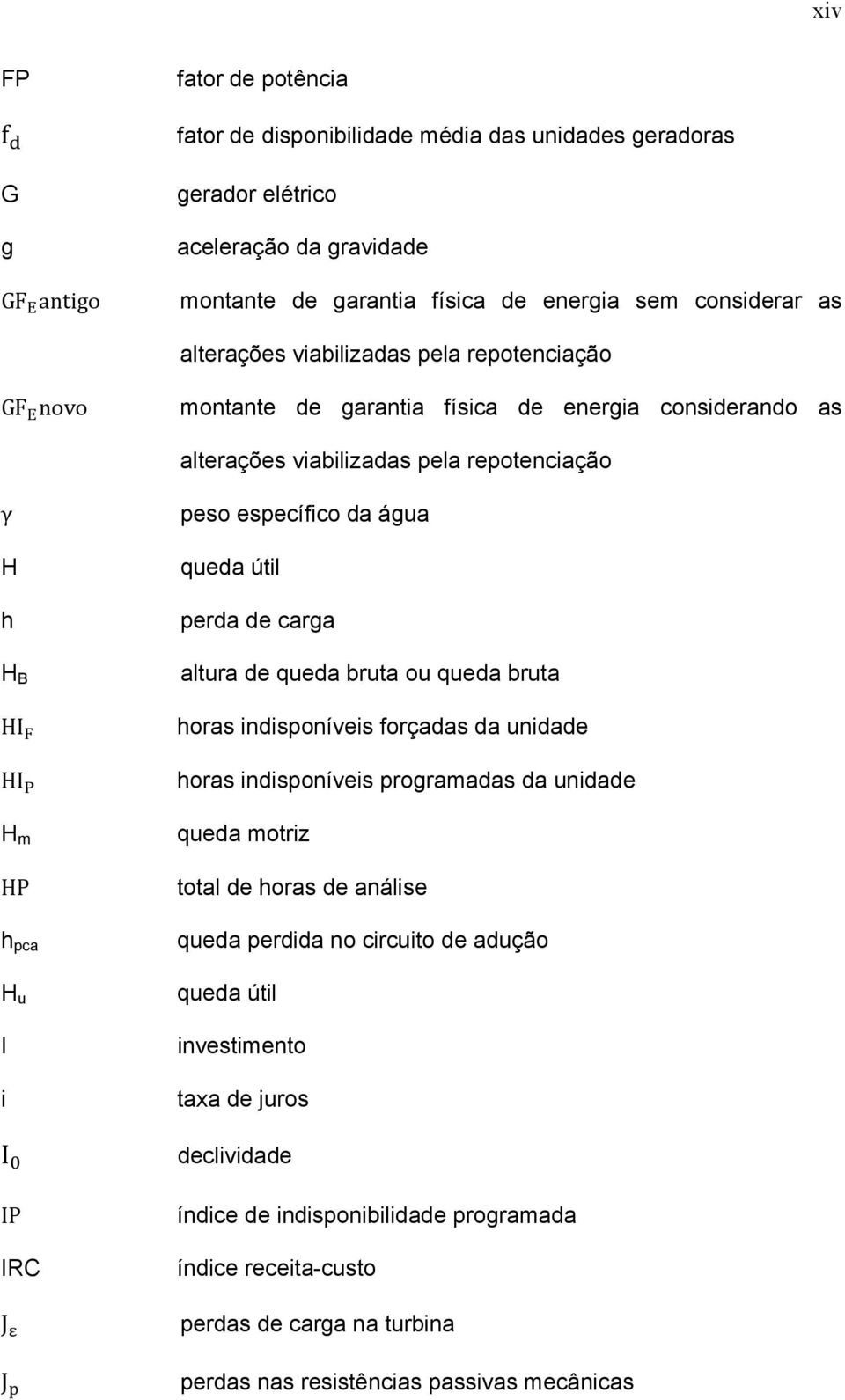 peso específico da água queda útil perda de carga altura de queda bruta ou queda bruta horas indisponíveis forçadas da unidade horas indisponíveis programadas da unidade queda motriz total de horas