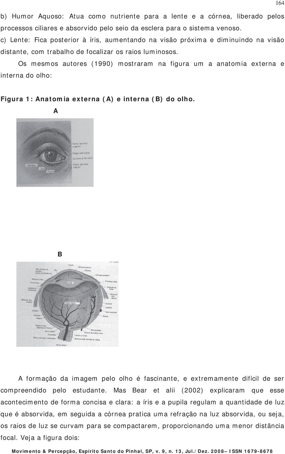 Os mesmos autores (1990) mostraram na figura um a anatomia externa e interna do olho: Figura 1: Anatomia externa (A) e interna (B) do olho.