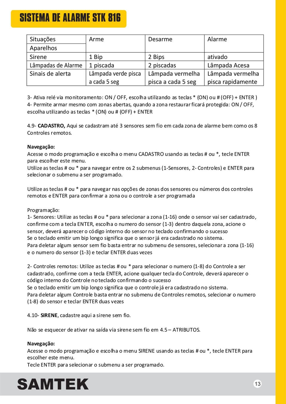 9- CADASTRO, Aqui se cadastram até 3 sensores sem fio em cada zona de alarme bem como os 8 Controles remotos.