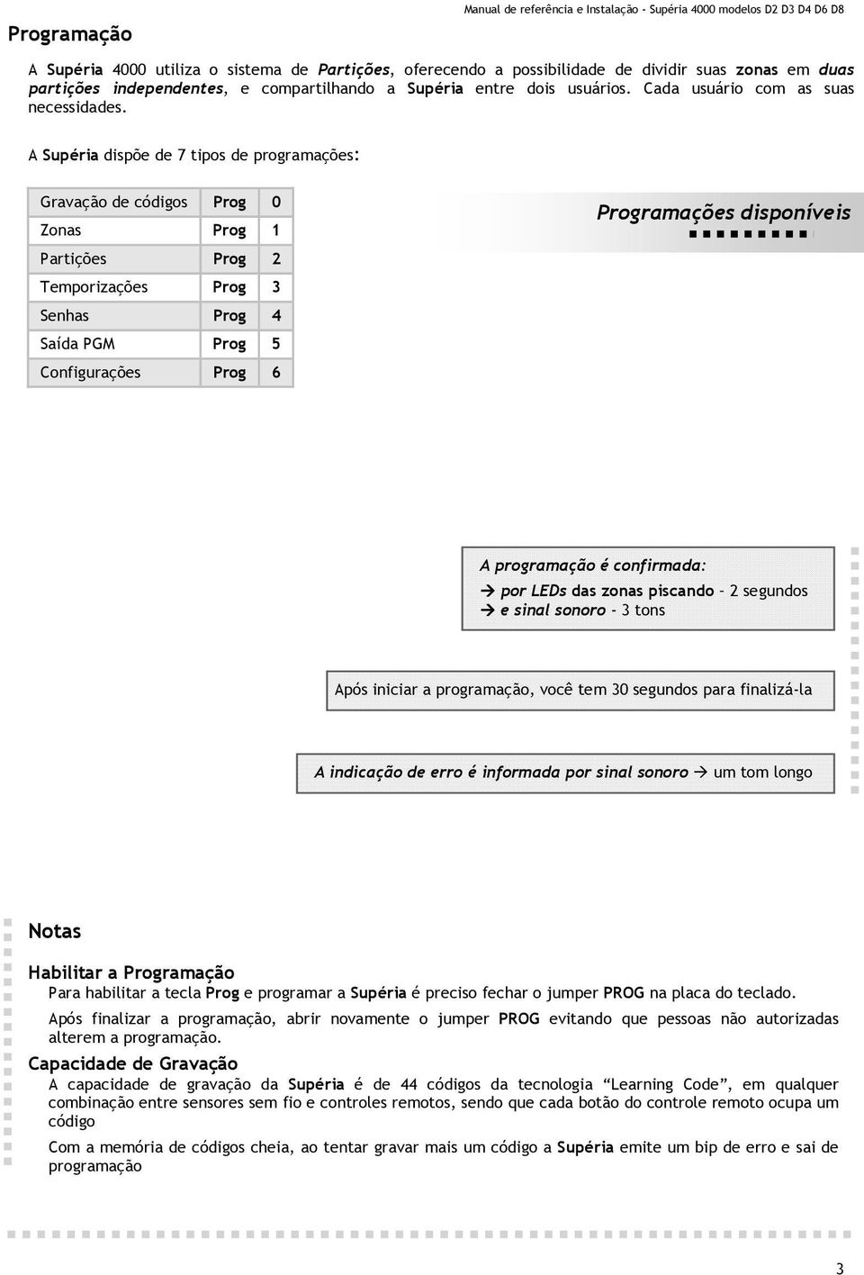 A Supéria dispõe de 7 tipos de programações: Gravação de códigos Prog 0 Zonas Prog 1 Partições Prog 2 Temporizações Prog 3 Senhas Prog 4 Saída PGM Prog 5 Configurações Prog 6 Programações disponíveis