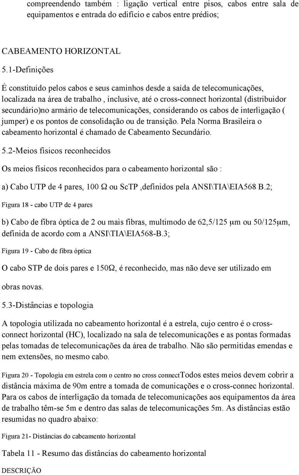 de telecomunicações, considerando os cabos de interligação ( jumper) e os pontos de consolidação ou de transição. Pela Norma Brasileira o cabeamento horizontal é chamado de Cabeamento Secundário. 5.