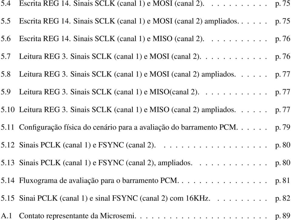 ..... p. 77 5.9 Leitura REG 3. Sinais SCLK (canal 1) e MISO(canal 2)............ p. 77 5.10 Leitura REG 3. Sinais SCLK (canal 1) e MISO (canal 2) ampliados...... p. 77 5.11 Configuração física do cenário para a avaliação do barramento PCM.