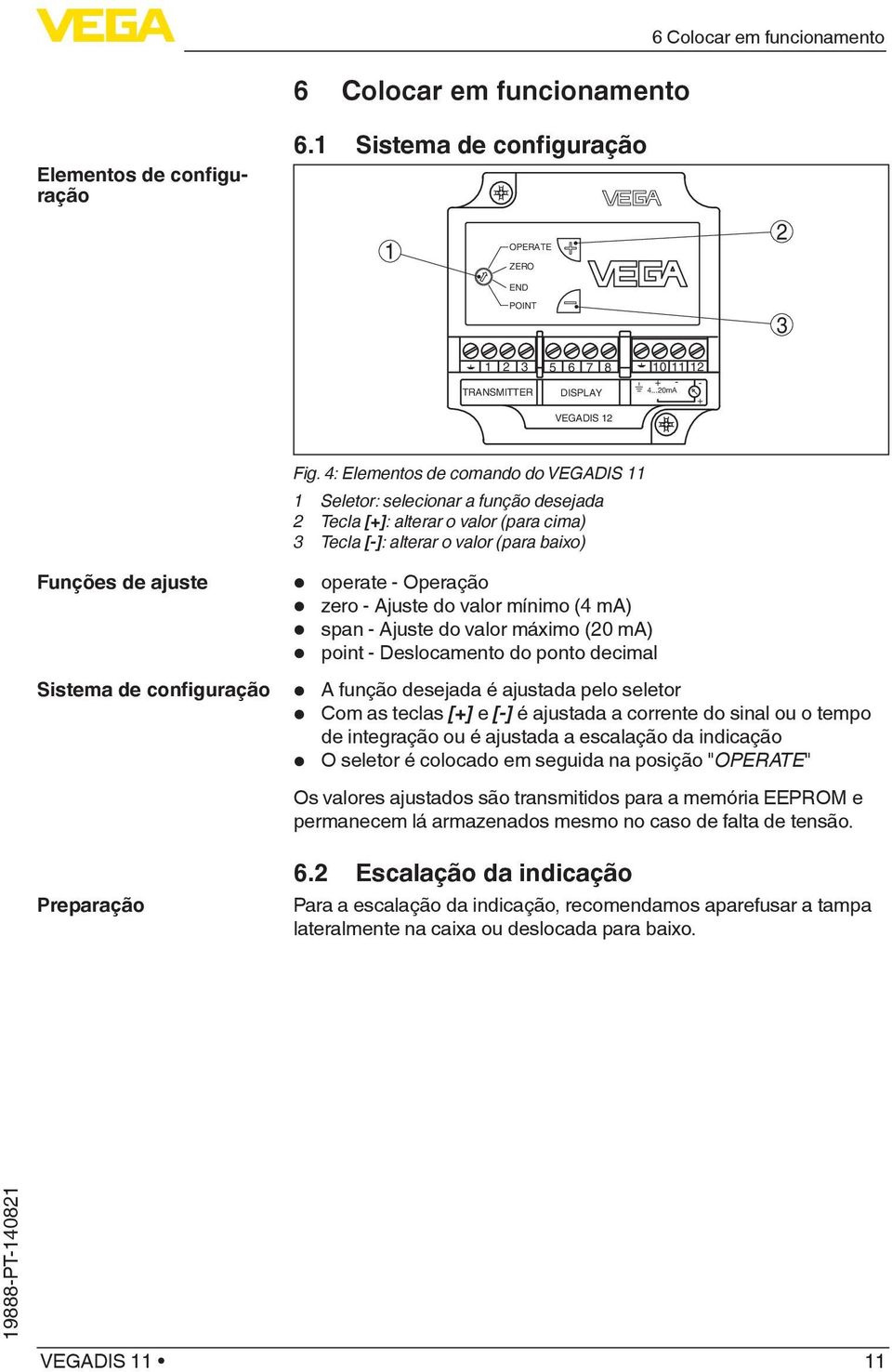 4: Elementos de comando do VEGADIS 11 1 Seletor: selecionar a função desejada 2 Tecla [+]: alterar o valor (para cima) 3 Tecla [-]: alterar o valor (para baixo) operate - Operação zero - Ajuste do