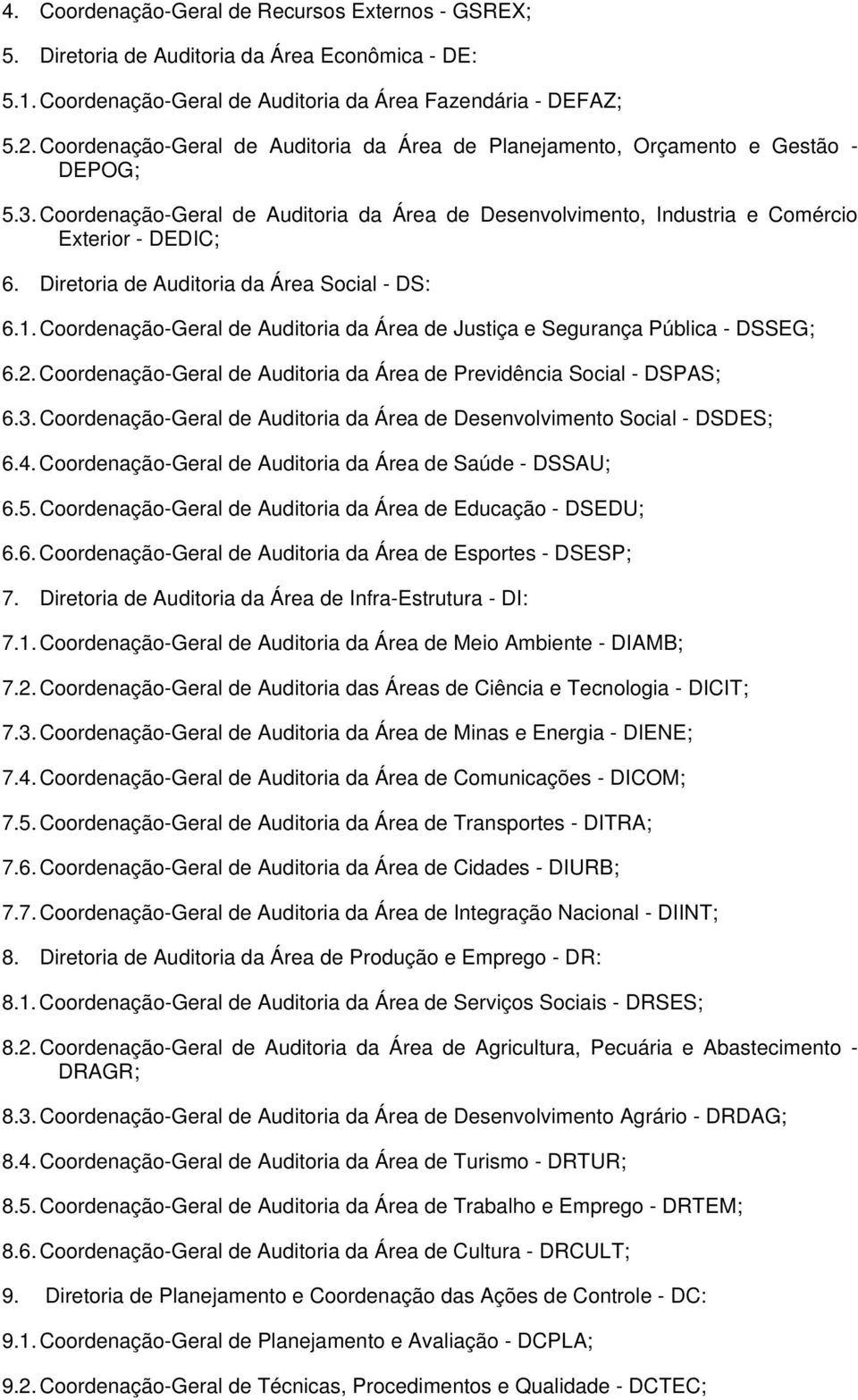 Diretoria de Auditoria da Área Social - DS: 6.1. Coordenação-Geral de Auditoria da Área de Justiça e Segurança Pública - DSSEG; 6.2.