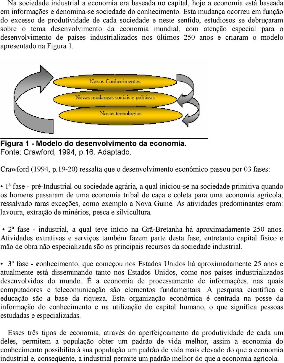 desenvolvimento de países industrializados nos últimos 250 anos e criaram o modelo apresentado na Figura 1. Figura 1 - Modelo do desenvolvimento da economia. Fonte: Crawford, 1994, p.16. Adaptado.