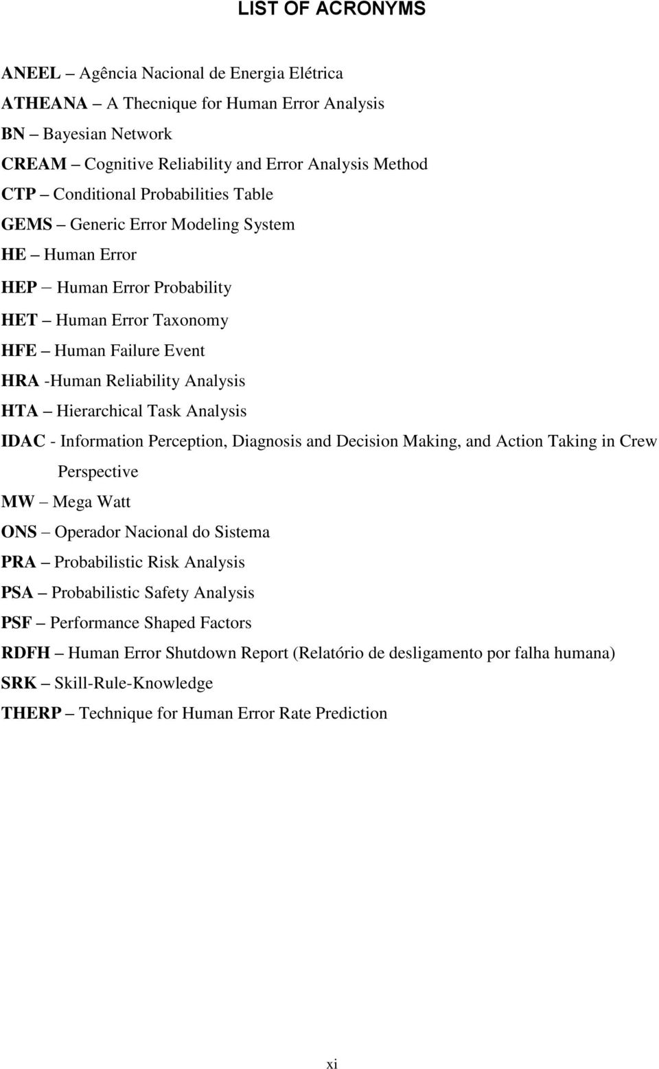 Task Analysis IDAC - Information Perception, Diagnosis and Decision Making, and Action Taking in Crew Perspective MW Mega Watt ONS Operador Nacional do Sistema PRA Probabilistic Risk Analysis PSA