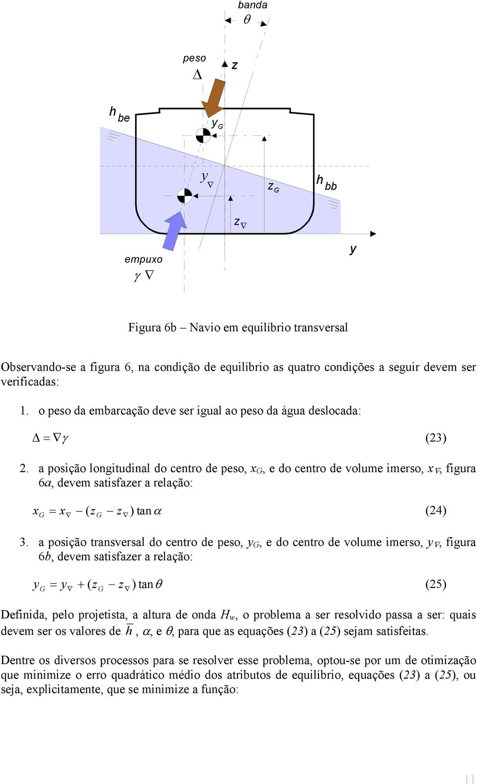 a posição longiudinal do cenro de peso, x G, e do cenro de volume imerso, x, figura a, devem saisfaer a relação: x ( G = x G anα (.