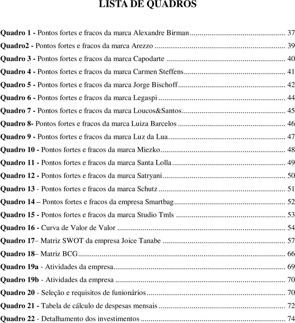 .. 44 Quadro 7 - Pontos fortes e fracos da marca Loucos&Santos... 45 Quadro 8- Pontos fortes e fracos da marca Luiza Barcelos... 46 Quadro 9 - Pontos fortes e fracos da marca Luz da Lua.