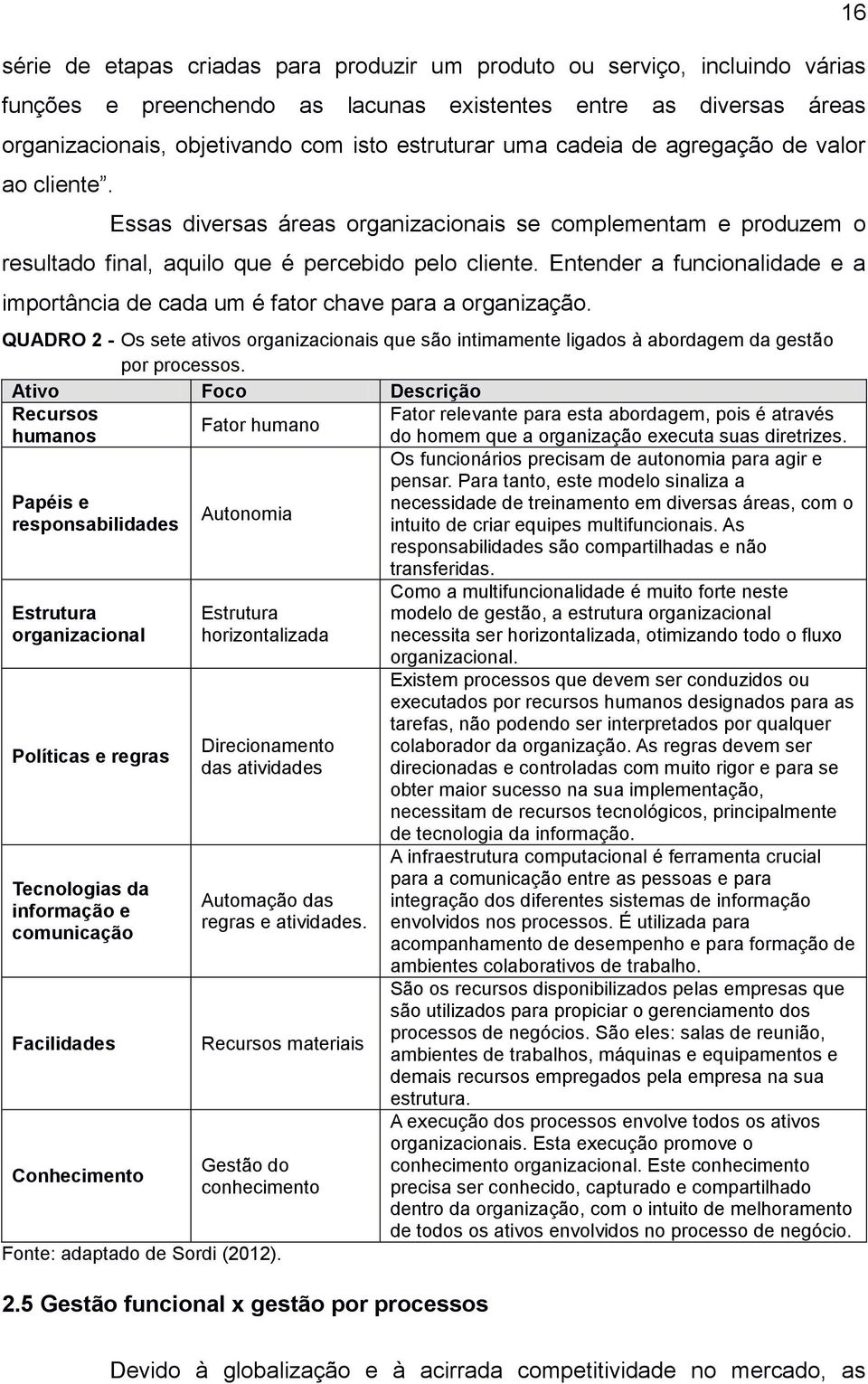 Entender a funcionalidade e a importância de cada um é fator chave para a organização. QUADRO 2 - Os sete ativos organizacionais que são intimamente ligados à abordagem da gestão por processos.