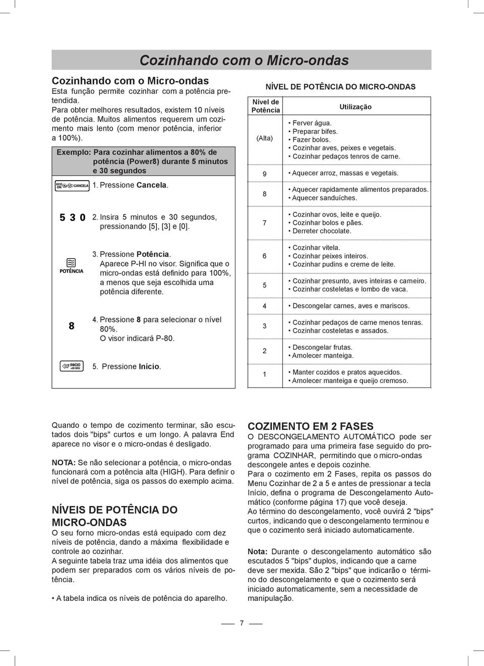 (Alta) 9 8 NÍVEL DE POTÊNCIA DO MICRO-ONDAS Nível de Potência Utilização Ferver água. Preparar bifes. Fazer bolos. Cozinhar aves, peixes evegetais. Cozinhar pedaços tenros de carne.