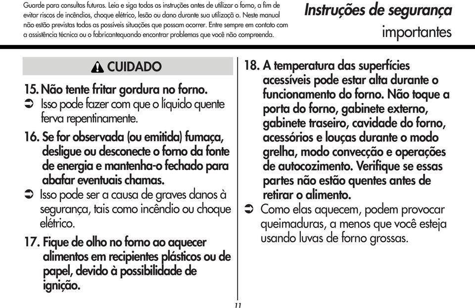 Instruções de segurança importantes CUIDADO 15. Não tente fritar gordura no forno. Isso pode fazer com que o líquido quente ferva repentinamente. 16.