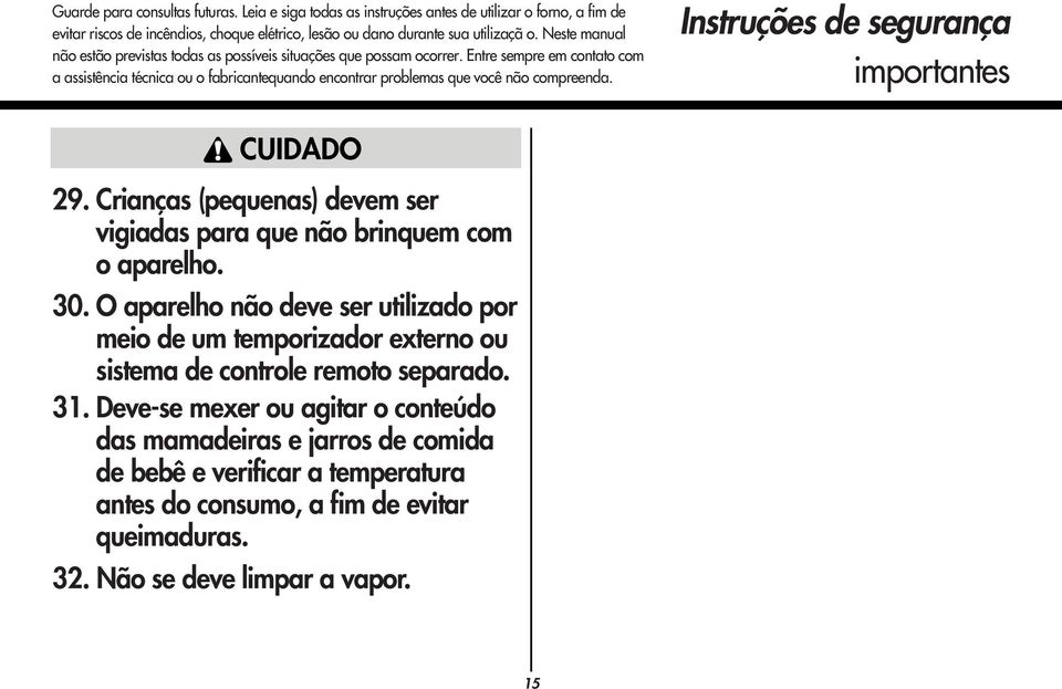 Instruções de segurança importantes CUIDADO 29. Crianças (pequenas) devem ser vigiadas para que não brinquem com o aparelho. 30.