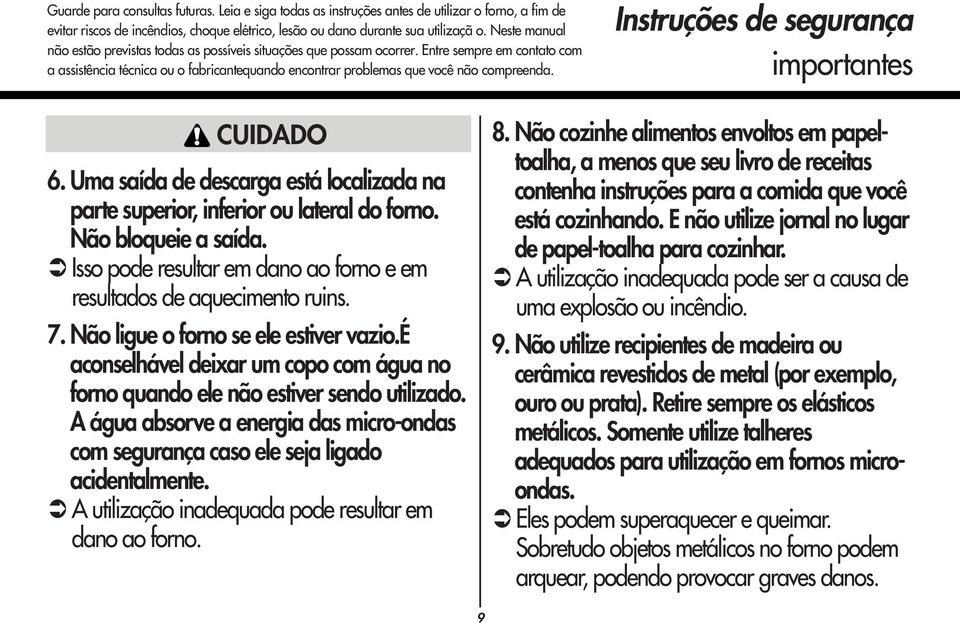 Instruções de segurança importantes CUIDADO 6. Uma saída de descarga está localizada na parte superior, inferior ou lateral do forno. Não bloqueie a saída.