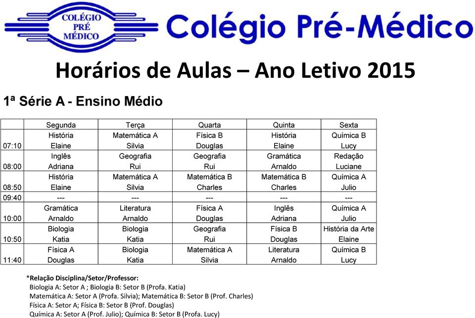 Biologia Geografia Física B História da Arte 10:50 Katia Katia Rui Douglas Elaine Física A Biologia Matemática A Literatura Química B 11:40 Douglas Katia Silvia Arnaldo Lucy *Relação