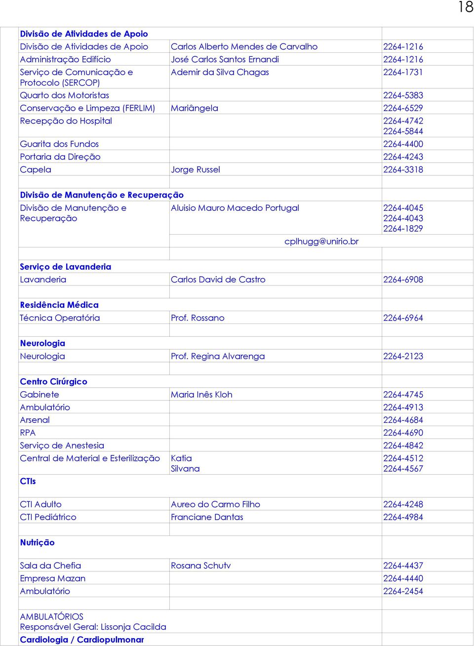 2264-4400 Portaria da Direção 2264-4243 Capela Jorge Russel 2264-3318 Divisão de Manutenção e Recuperação Divisão de Manutenção e Recuperação Aluisio Mauro Macedo Portugal 2264-4045 2264-4043