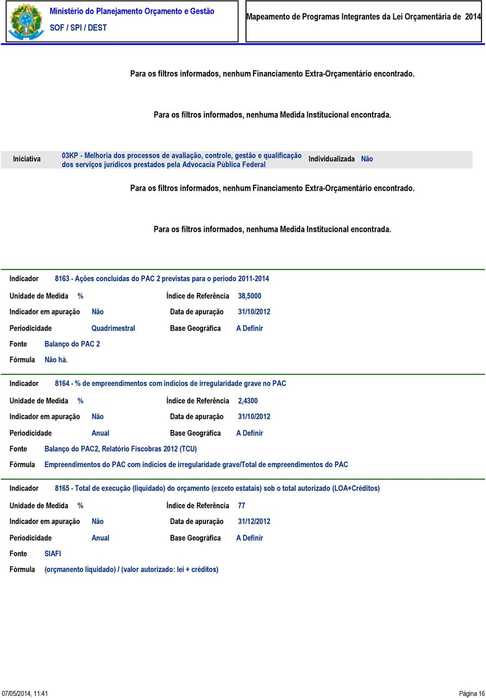 2 há. Indicador 8164 - % de empreendimentos com indícios de irregularidade grave no PAC Unidade de Medida % Índice de Referência 2,4300 Indicador em apuração Data de apuração 31/10/2012 Periodicidade