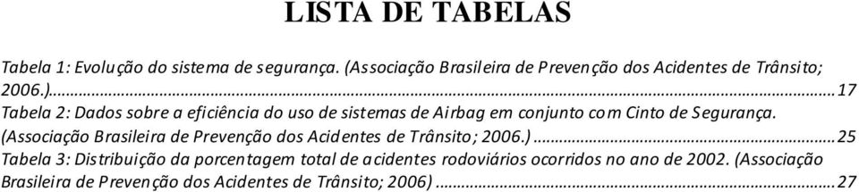 .. 17 Tabela 2: Dados sobre a eficiência do uso de sistemas de Airbag em conjunto com Cinto de Segurança.